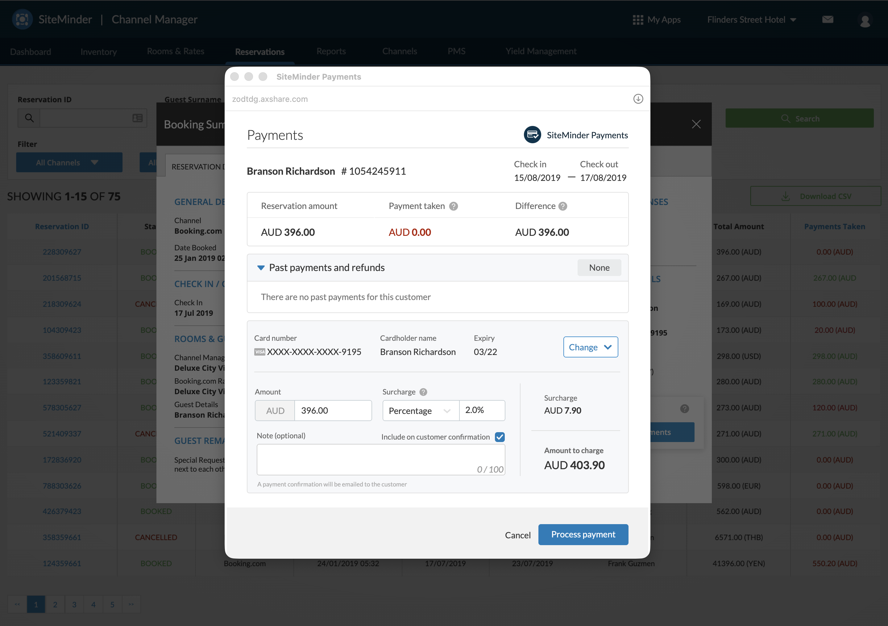 SiteMinder Payments overlay for charging a reservation